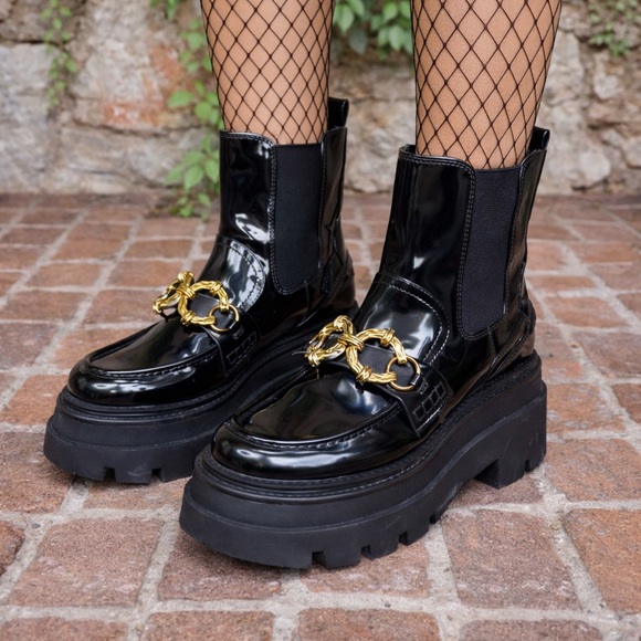 Circus by Sam Edelman Shoes - CIRCUS BY SAM EDELMAN Black Platform Boots with Gold Hardware and Lug Soles, 8